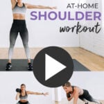 Pin for Pinterest of shoulder workout for women. Woman performing shoulder strength exercises