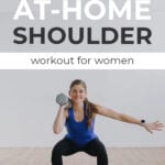 Pin for Pinterest of shoulder workout for women. Woman performing shoulder strength exercises