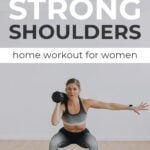 Pin for Pinterest of shoulder workout for women. Woman performing shoulder strength exercises