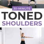 Pin for Pinterest of shoulder workout for women. Woman performing shoulder strength exercises