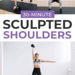 Pin for Pinterest of shoulder workout for women. Woman performing shoulder strength exercises
