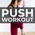 Pin for Pinterest of woman performing push day exercises in an upper body push workout