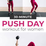 Pin for Pinterest of woman performing push day exercises in an upper body push workout