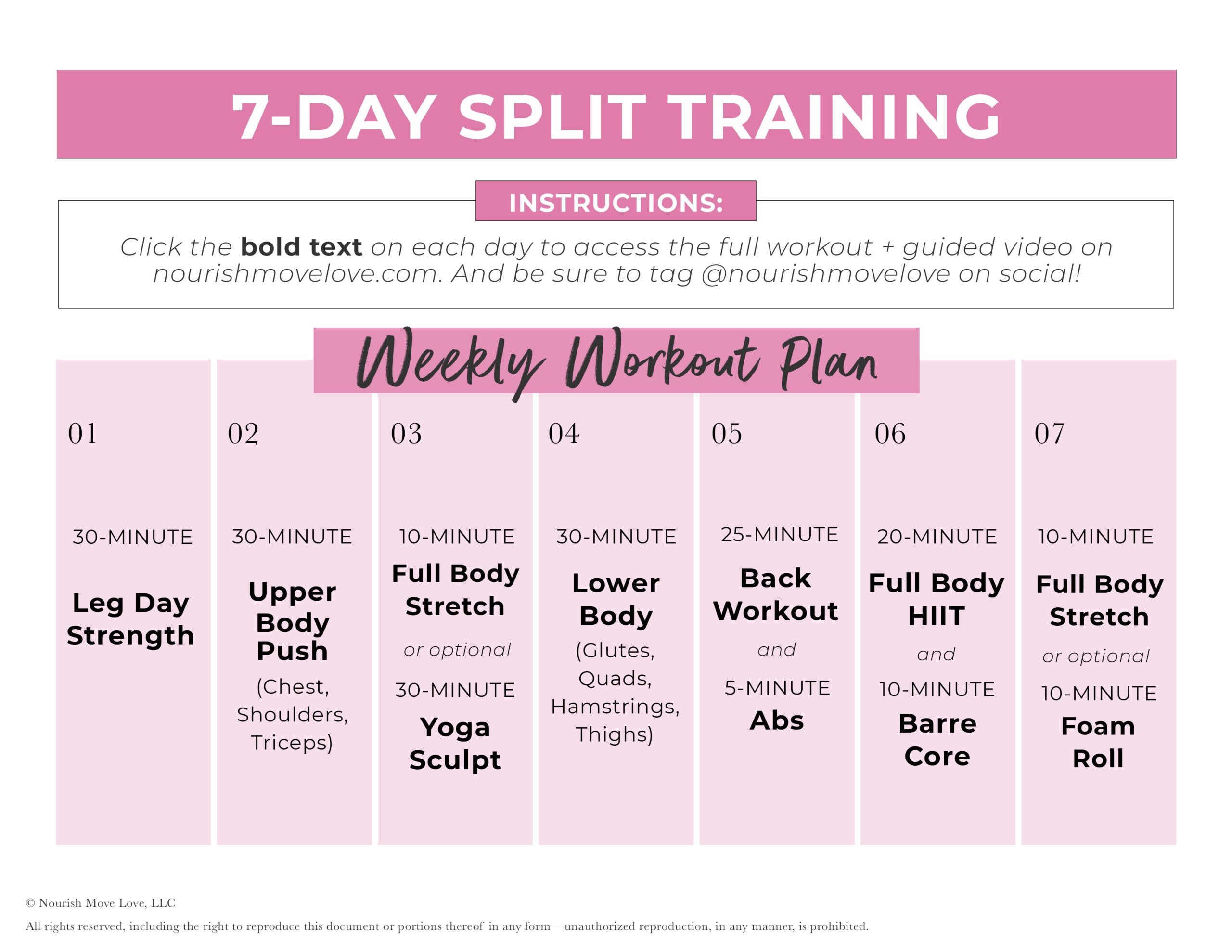 Weekly Workout Plan Calendar - Nourish, Move, Love