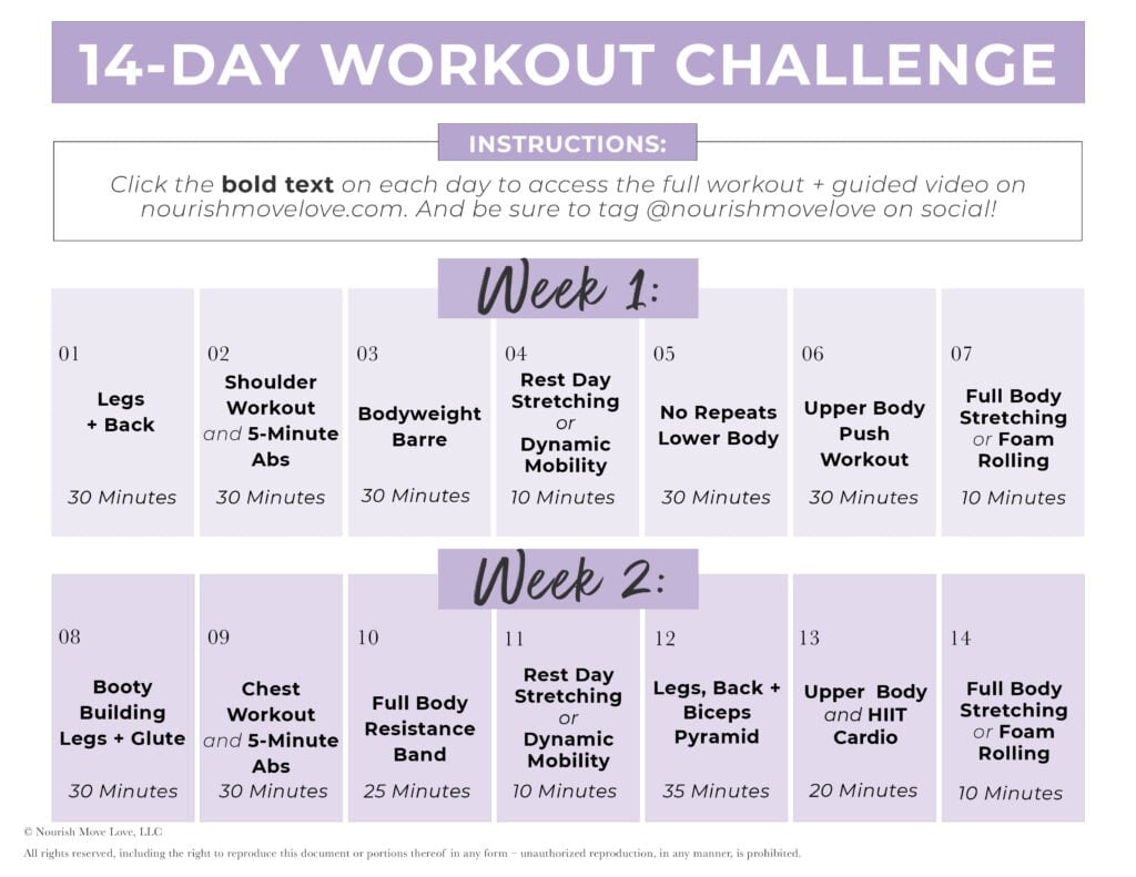 14 day challenge workout calendar with clickable links to daily workouts