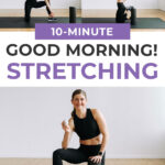 Pin for Pinterest of a woman performing a morning stretch routine