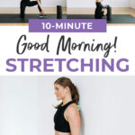 Pin for Pinterest of a woman performing a morning stretch routine