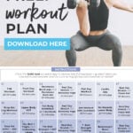 Pin for Pinterest of Full Body Workout Plan At Home - calendar graphic and woman performing a squat