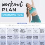 Pin for Pinterest of Full Body Workout Plan At Home - calendar graphic and woman performing a side reach
