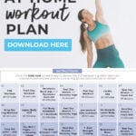 Pin for Pinterest of Full Body Workout Plan At Home - calendar graphic and woman performing a side reach