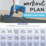 Pin for Pinterest of Full Body Workout Plan At Home - calendar graphic and woman performing a lunge