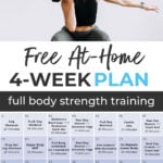 Pin for Pinterest of Full Body Workout Plan At Home - calendar graphic and woman performing a squat