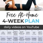 Pin for Pinterest of Full Body Workout Plan At Home - calendar graphic and woman performing a skull crusher with dumbbells