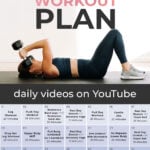 Pin for Pinterest of Full Body Workout Plan At Home - calendar graphic and woman performing a skull crusher with dumbbells