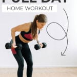 Pin for Pinterest of woman performing pull day exercises in an upper body workout