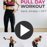 Pin for Pinterest of woman performing pull day exercises in an upper body workout