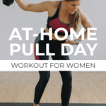 Pin for Pinterest of woman performing pull day exercises in an upper body workout