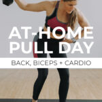 Pin for Pinterest of woman performing pull day exercises in an upper body workout