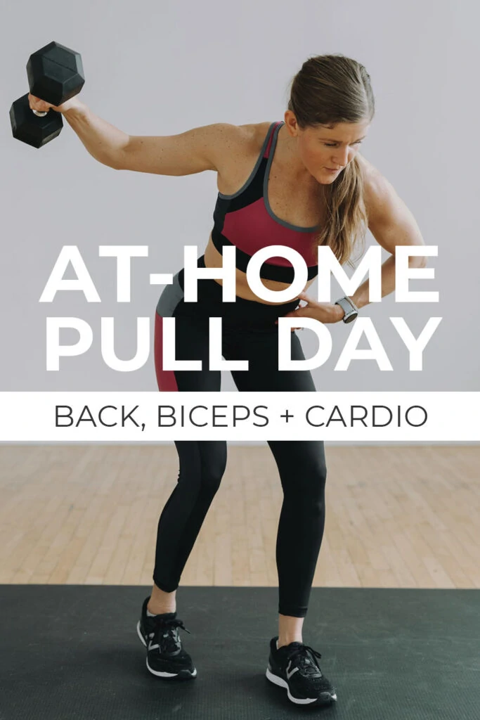 Woman performing back fly or reverse fly with text overlay reading "at home pull day: back, biceps and cardio" pin for pinterest 