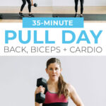 Pin for Pinterest of woman performing pull day exercises in an upper body workout