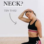 Pin for Pinterest of woman performing upper body stretches