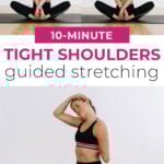 Pin for Pinterest of woman performing upper body stretches