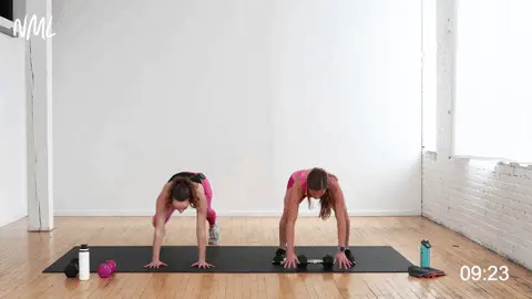 push up pop squat hold and dumbbell press out, cardio and core