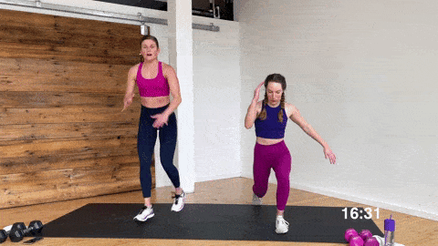 two women performing split lunge jumps - a lower body HIIT exercise for women