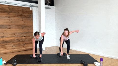 two women performing a deadlift and high pull done with a single dumbbell in a full body strength and HIIT workout