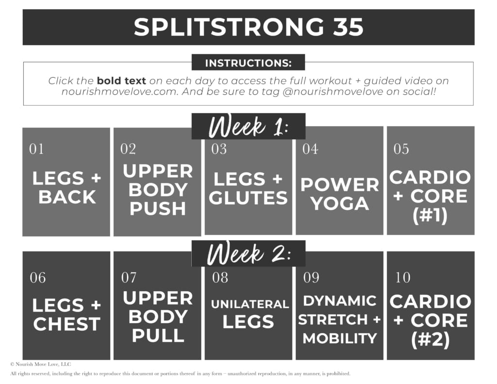 SplitStrong 35 Workout Program Calendar PDF | calendar with clickable links to daily workout videos on YouTube