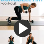 Pin for Pinterest of woman performing a dumbbell HIIT superset workout