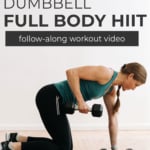 Pin for Pinterest of woman performing a dumbbell HIIT superset workout