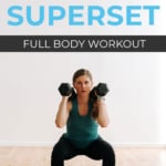 Pin for Pinterest of woman performing a dumbbell HIIT superset workout