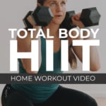 Pin for Pinterest of woman performing a dumbbell HIIT superset workout