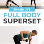 Pin for Pinterest of woman performing a dumbbell HIIT superset workout