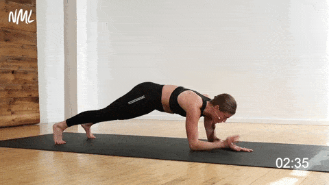 woman performing low plank reaches in an ab circuit workout at home