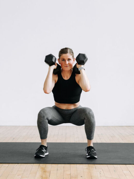 back legs workout at home | low squat with dumbbells front racked