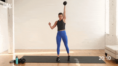 staggered dumbbell swing and squat thruster 