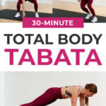 Pin for Pinterest of woman performing bodyweight exercises in a tabata workout