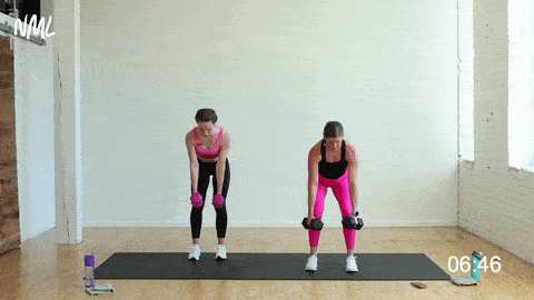 two women performing bent over dumbbell back rows in a strength and conditioning workout
