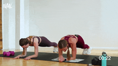 one woman performing low plank wide knee pulls and one woman holding a forearm plank in a strength training workout at home