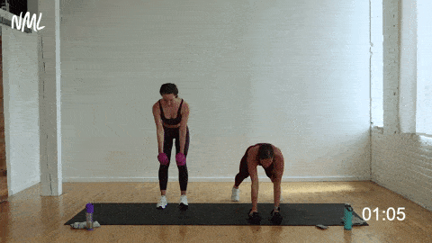 one woman performing a plank and row and one woman performing a  modification of a standing bent over back row in a full body workout