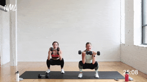 two women performing a squat and press or squat thruster with an alternating arnold press in a HIIT workout at home'
