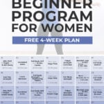 Pin for Pinterest of fitness beginner workout plan - shows calendar graphic of 30-day plan and woman performing a single arm press