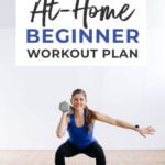 Pin for Pinterest of fitness beginner workout plan - shows calendar graphic of 30-day plan and woman performing a squat