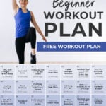 Pin for Pinterest of fitness beginner workout plan - shows calendar graphic of 30-day plan and woman performing a single arm press and knee drive