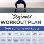 Pin for Pinterest of fitness beginner workout plan - shows calendar graphic of 30-day plan and woman performing a squat