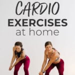 Pin for Pinterest of two women performing home cardio exercises