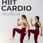 Pin for Pinterest of two women performing home cardio exercises