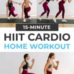 Pin for Pinterest of two women performing home cardio exercises